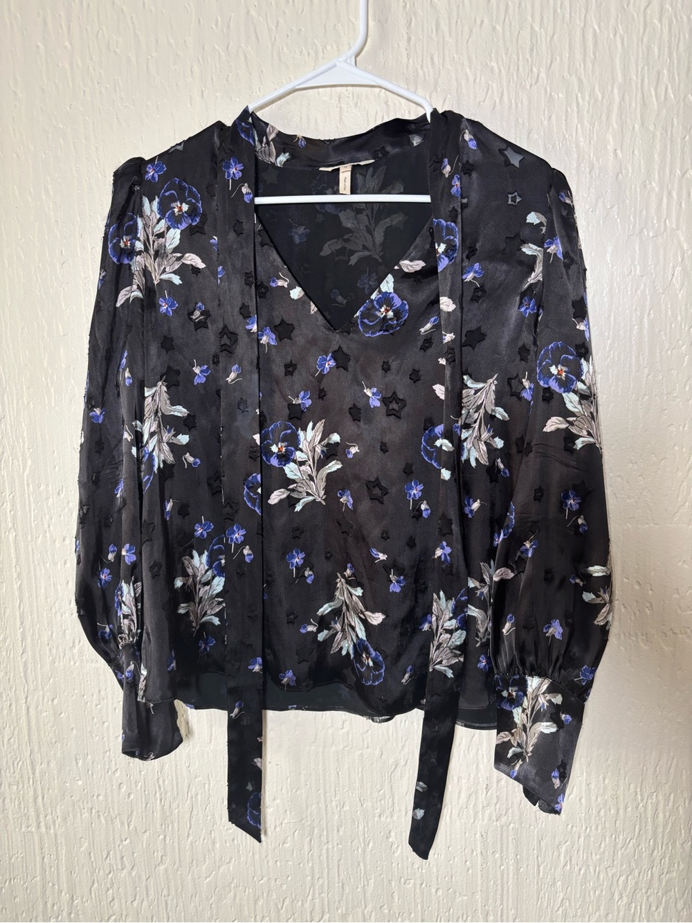 Rebecca Taylor Black Floral Tie-Neck Blouse with Blue Accents Women Size 12
